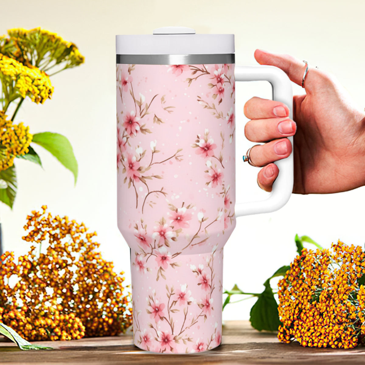 Pink Floral Shabby Chic 40oz Tumbler with Handle | Stainless Steel Insulated Cup | BPA-Free