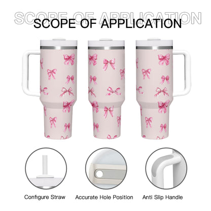 40oz Pink Bow Tumbler with Handle, Insulated Stainless Steel Travel Mug