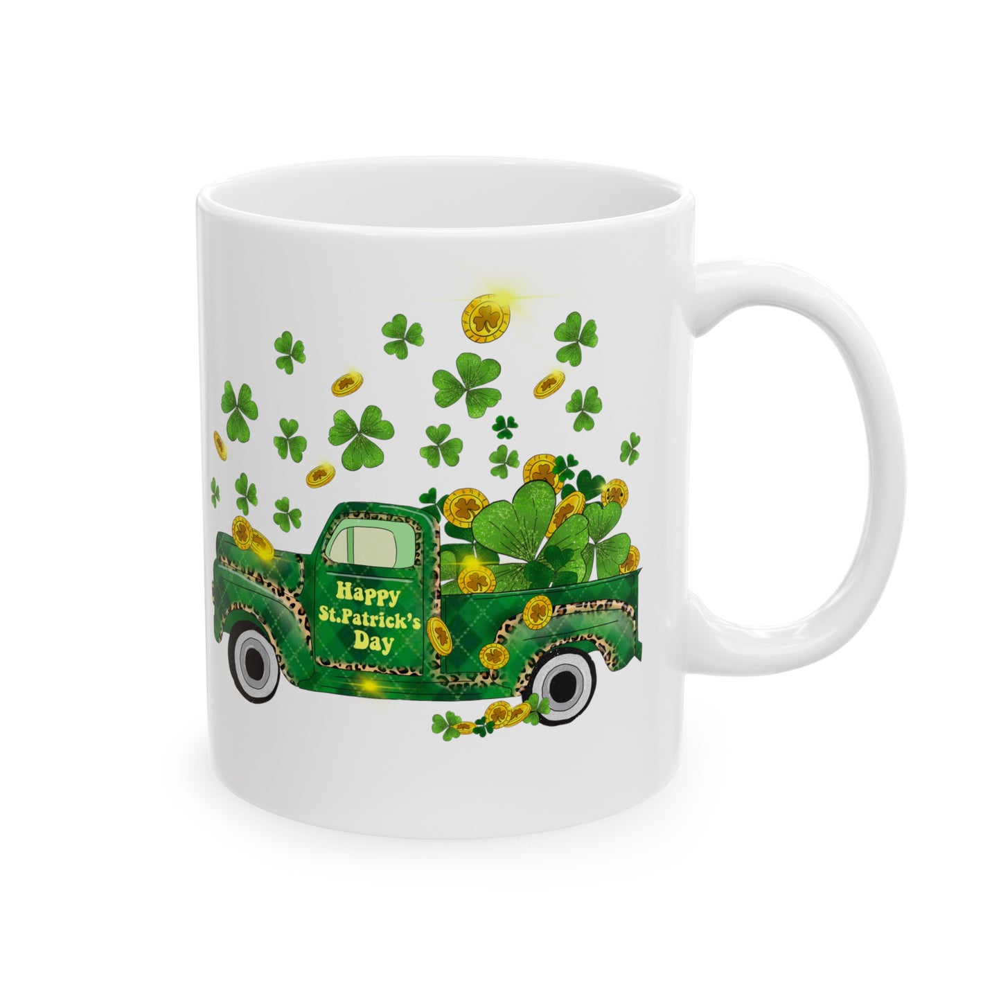 St Patricks Day Ceramic 11oz Mug, Old School Pickup Truck with Shamrocks,