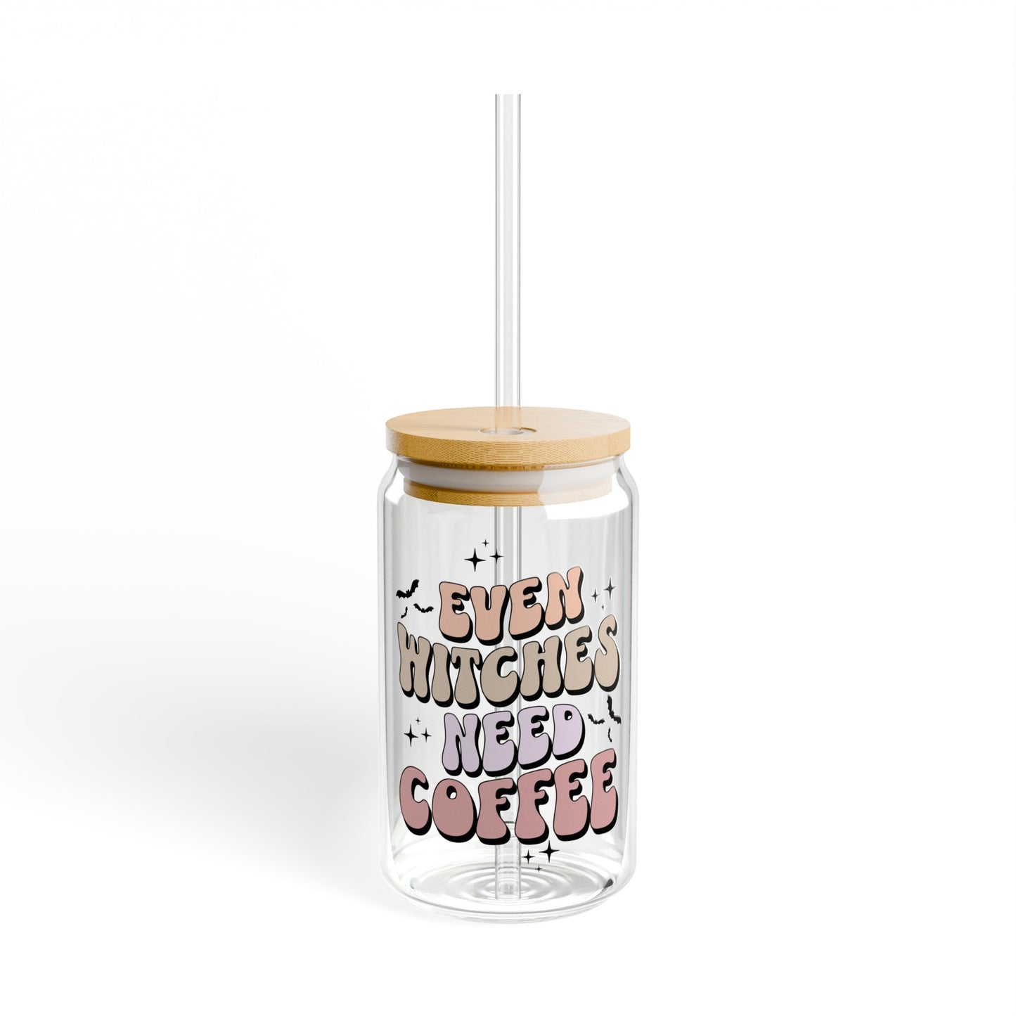 Even Witches Need Coffee Can Glass, Iced Coffee Cup with Lid and Straw, 16oz Ice Coffee Cup, Libbey Cup, Halloween Libbey Cup