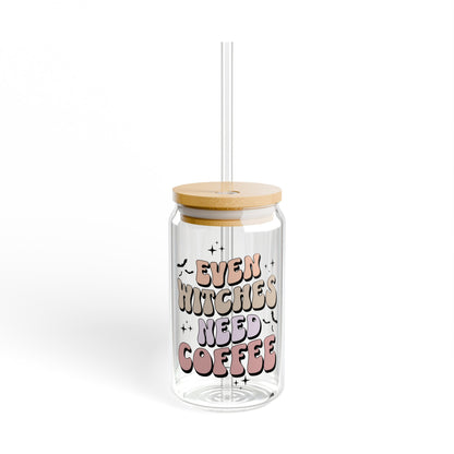 Even Witches Need Coffee Can Glass, Iced Coffee Cup with Lid and Straw, 16oz Ice Coffee Cup, Libbey Cup, Halloween Libbey Cup