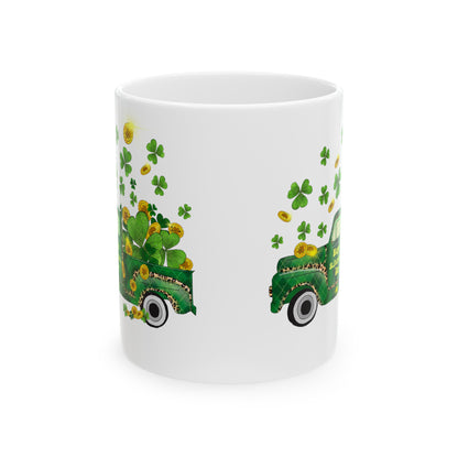 St Patricks Day Ceramic 11oz Mug, Old School Pickup Truck with Shamrocks,