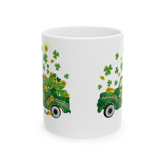 St Patricks Day Ceramic 11oz Mug, Old School Pickup Truck with Shamrocks,