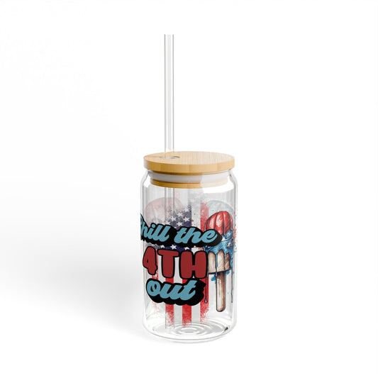 Chill the 4th Out Glass Can, 4th of July Iced Coffee Can Glass, Glass Jar with Lid and Straw, 16oz Glass Cup, Libbey Cup, 4th of July