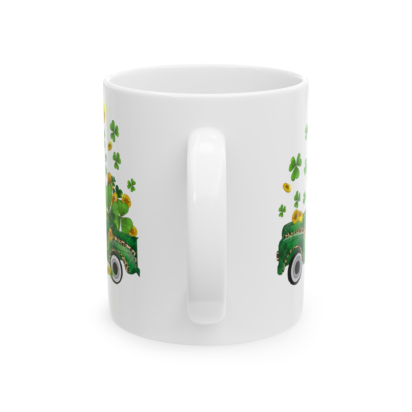 St Patricks Day Ceramic 11oz Mug, Old School Pickup Truck with Shamrocks,