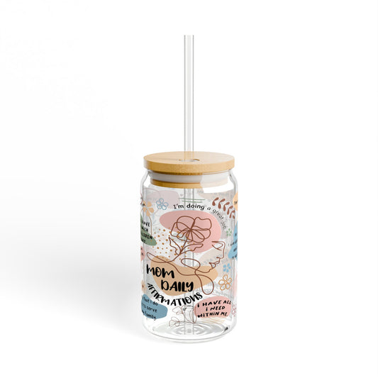 Mom Daily Affirmation 16oz Iced Coffee Cup With Lid and Straw Back, Mom Themed Can Glass, 16oz Glass Libbey Cup, Glass with Bamboo Lid