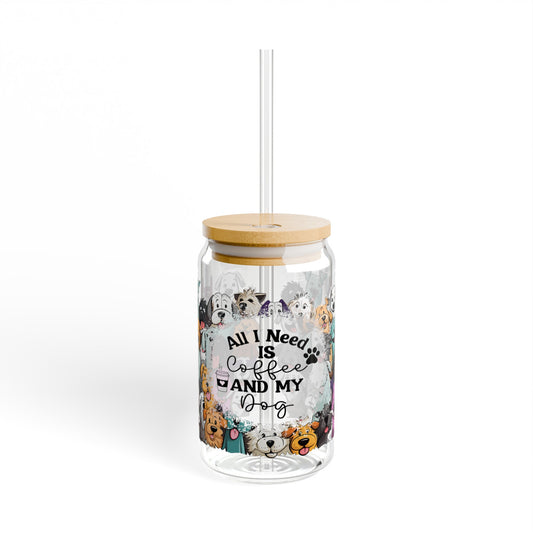 Iced Coffee and Dogs 16oz Glass, Iced Coffee Can Glass, Dog Lover Cup, Glass Jar with Lid and Straw, 16oz Glass Cup, Libbey Cup