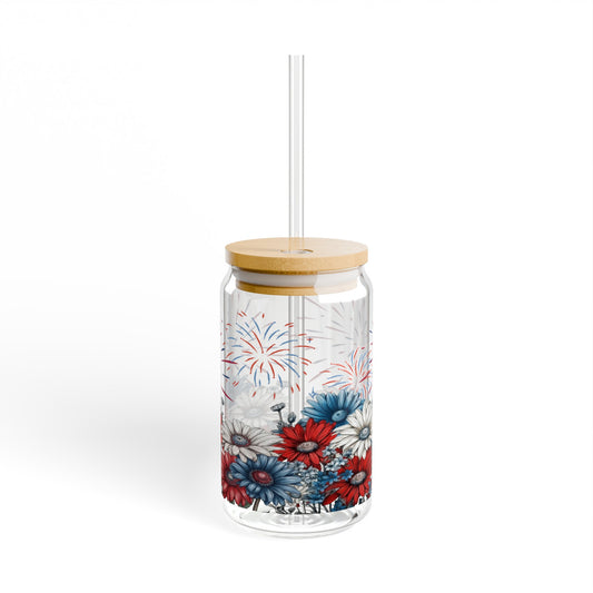 Fireworks and Flowers Glass Can, 4th of July Iced Coffee Can Glass, Glass Jar with Lid and Straw, 16oz Glass Cup, Libbey Cup, 4th of July