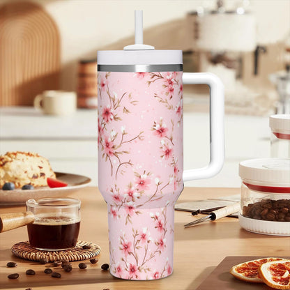 Pink Floral Shabby Chic 40oz Tumbler with Handle | Stainless Steel Insulated Cup | BPA-Free