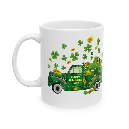 St Patricks Day Ceramic 11oz Mug, Old School Pickup Truck with Shamrocks,