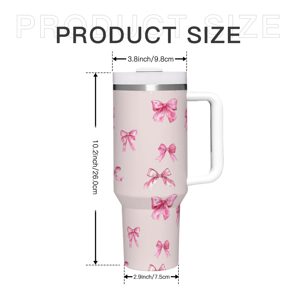 40oz Pink Bow Tumbler with Handle, Insulated Stainless Steel Travel Mug