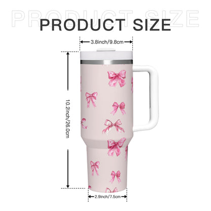 40oz Pink Bow Tumbler with Handle, Insulated Stainless Steel Travel Mug