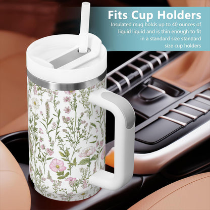 Pink and Green Wildflowers 40oz Tumbler with Handle | Stainless Steel Insulated Cup | BPA-Free