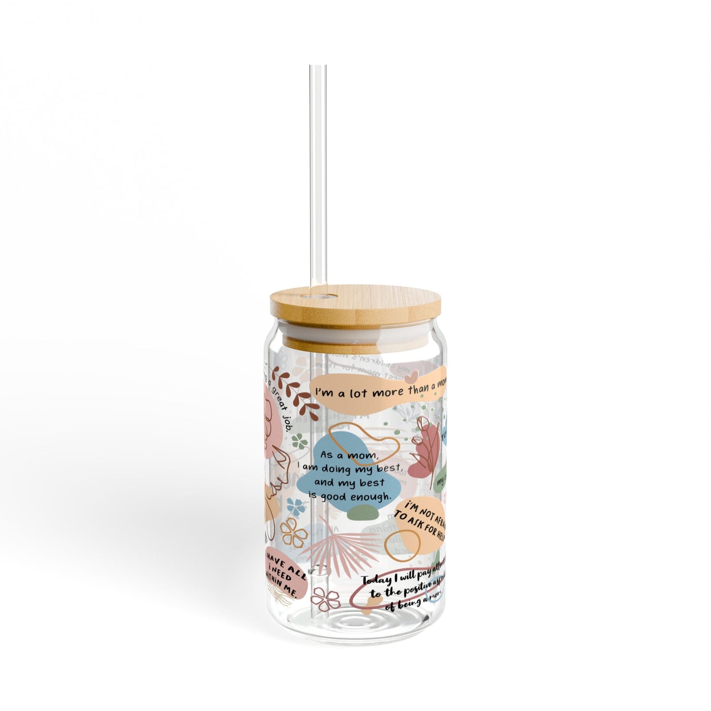 Mom Daily Affirmation 16oz Iced Coffee Cup With Lid and Straw Back, Mom Themed Can Glass, 16oz Glass Libbey Cup, Glass with Bamboo Lid