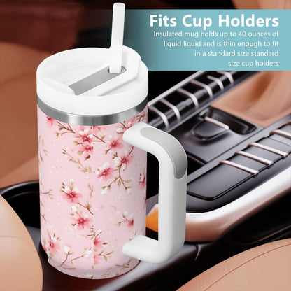 Pink Floral Shabby Chic 40oz Tumbler with Handle | Stainless Steel Insulated Cup | BPA-Free