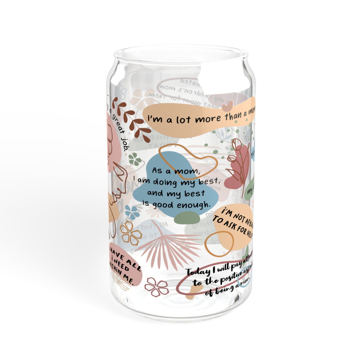 Mom Daily Affirmation 16oz Iced Coffee Cup With Lid and Straw Back, Mom Themed Can Glass, 16oz Glass Libbey Cup, Glass with Bamboo Lid