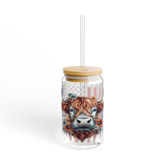 Highland Cow American Flag, Highland Cow Iced Coffee Can Glass, Flag, Glass Jar with Lid and Straw, 16oz Glass Cup, Libbey Cup, 4th of July