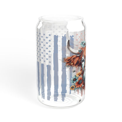 Highland Cow American Flag, Highland Cow Iced Coffee Can Glass, Flag, Glass Jar with Lid and Straw, 16oz Glass Cup, Libbey Cup, 4th of July