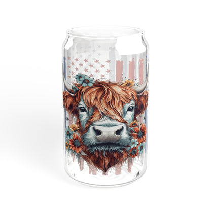 Highland Cow American Flag, Highland Cow Iced Coffee Can Glass, Flag, Glass Jar with Lid and Straw, 16oz Glass Cup, Libbey Cup, 4th of July