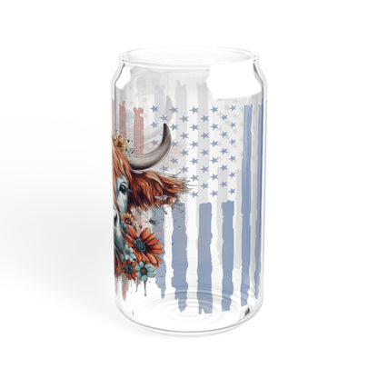 Highland Cow American Flag, Highland Cow Iced Coffee Can Glass, Flag, Glass Jar with Lid and Straw, 16oz Glass Cup, Libbey Cup, 4th of July