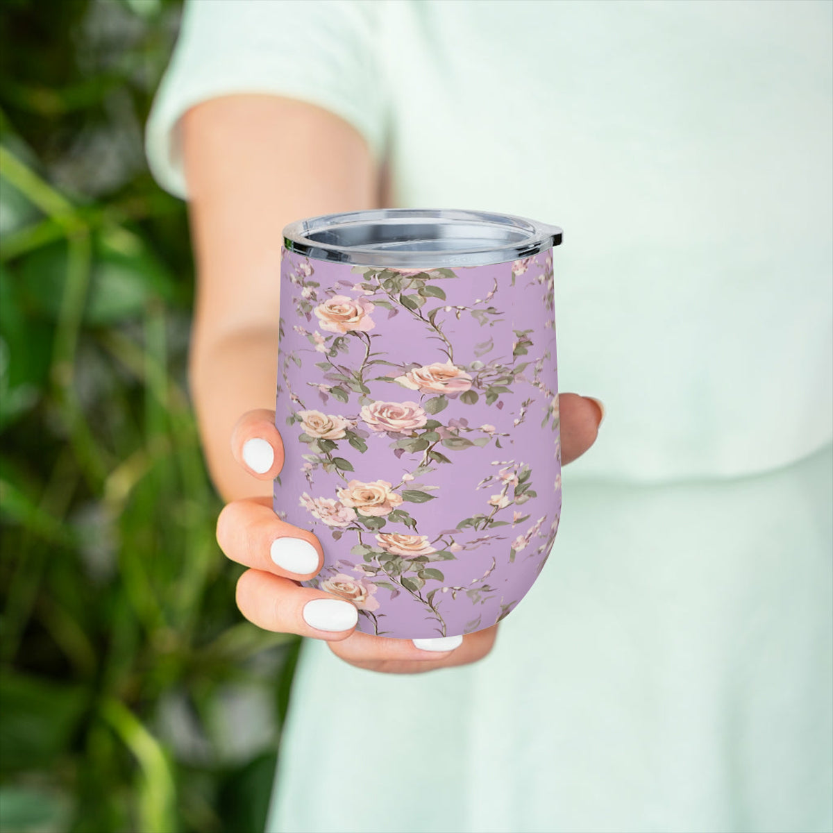 12oz Purple Floral Stainless Steel Stemless Wine Tumbler with Lid