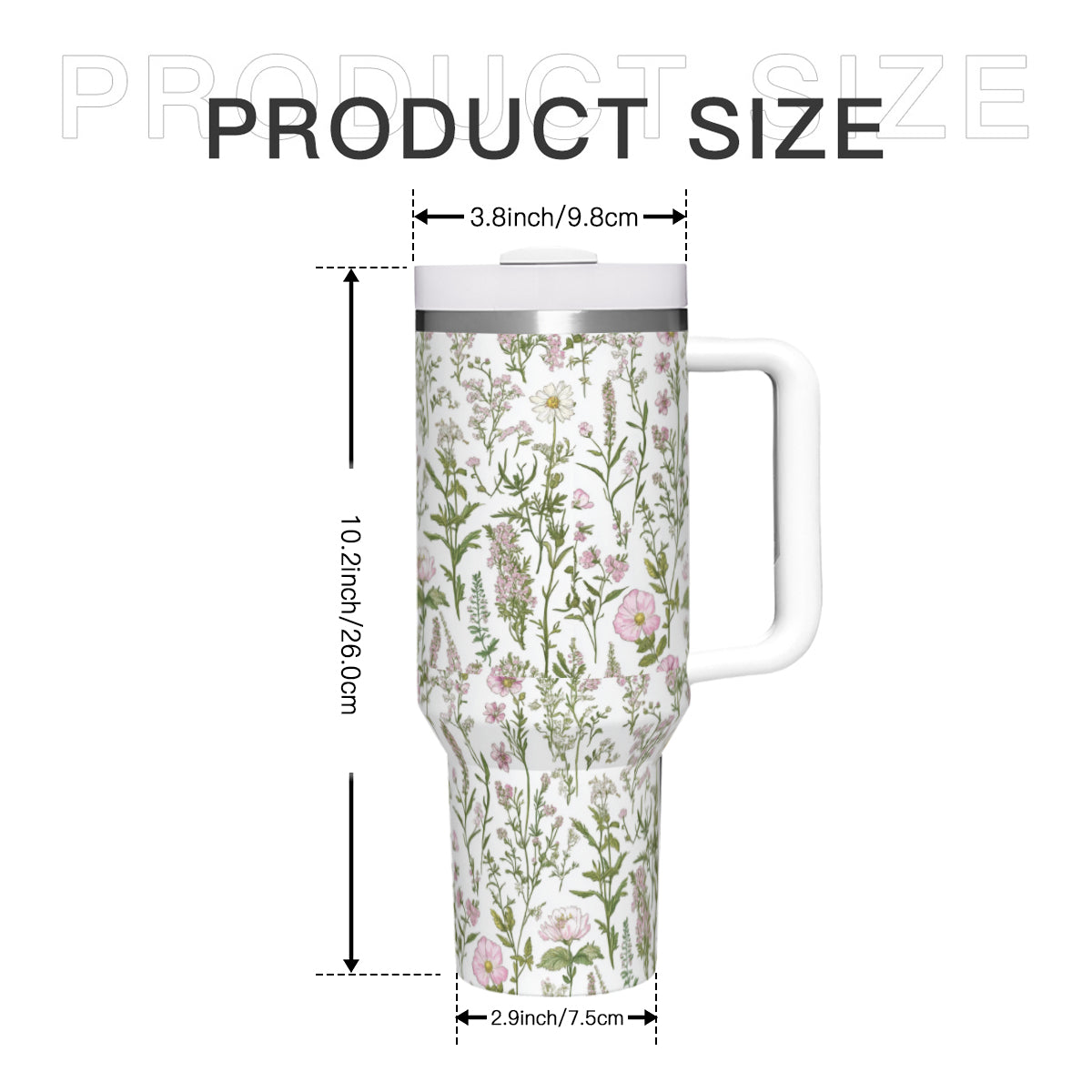 Pink and Green Wildflowers 40oz Tumbler with Handle | Stainless Steel Insulated Cup | BPA-Free