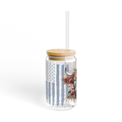 Highland Cow American Flag, Highland Cow Iced Coffee Can Glass, Flag, Glass Jar with Lid and Straw, 16oz Glass Cup, Libbey Cup, 4th of July