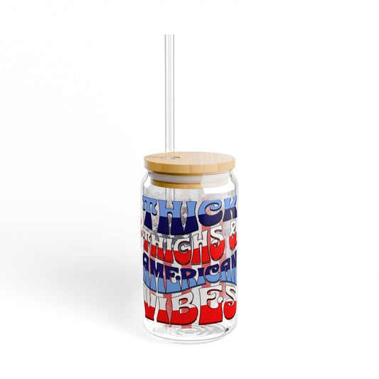 Thick Thighs, American Vibes, 4th of July Iced Coffee Can Glass, Glass Jar with Lid and Straw, 16oz Glass Cup, Libbey Cup, 4th of July