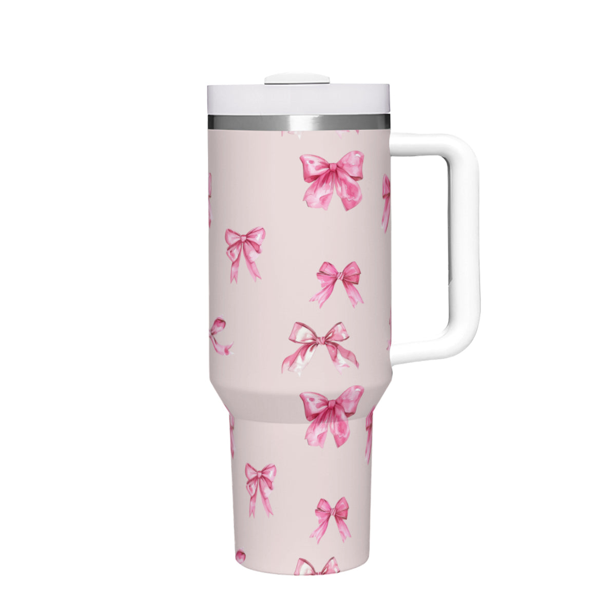 40oz Pink Bow Tumbler with Handle, Insulated Stainless Steel Travel Mug