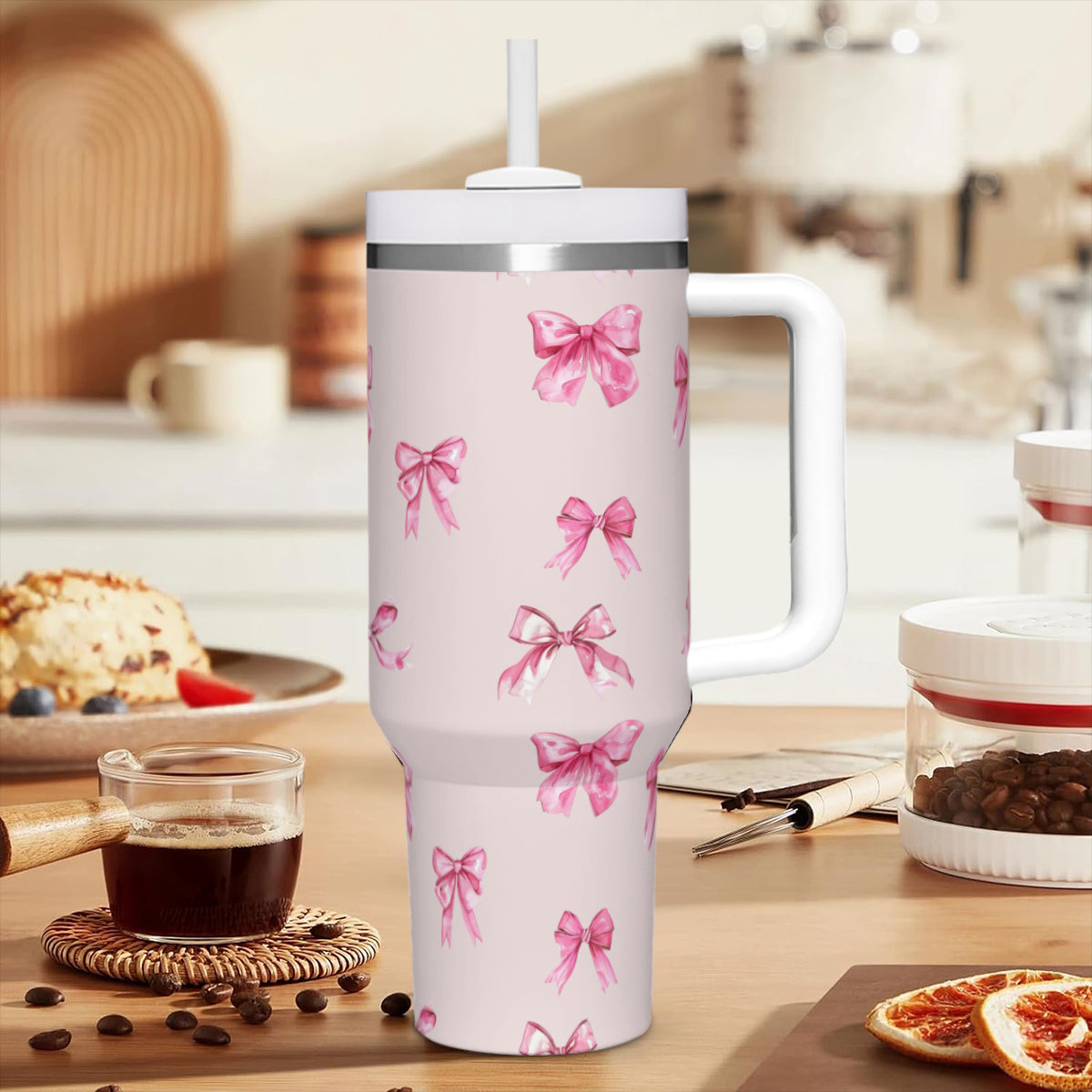 40oz Pink Bow Tumbler with Handle, Insulated Stainless Steel Travel Mug