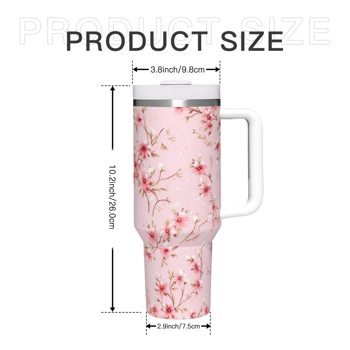 Pink Floral Shabby Chic 40oz Tumbler with Handle | Stainless Steel Insulated Cup | BPA-Free