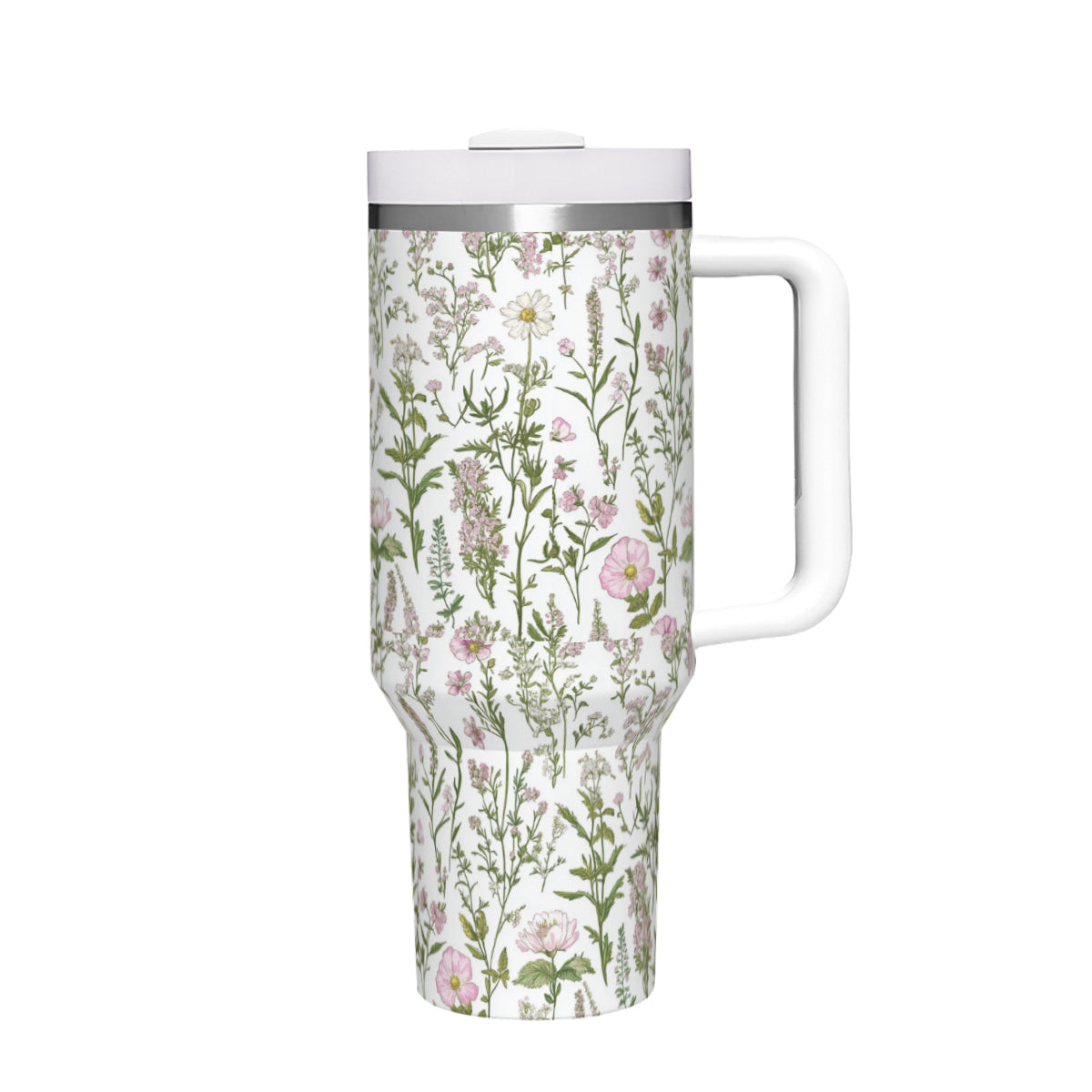 Pink and Green Wildflowers 40oz Tumbler with Handle | Stainless Steel Insulated Cup | BPA-Free