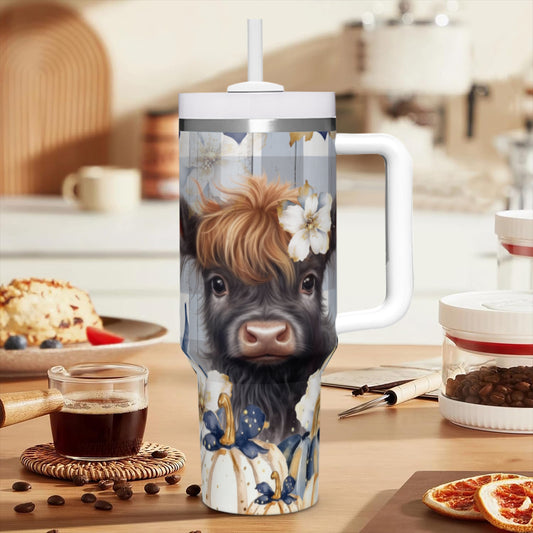 Highland Cow on Blue Flannel 40oz Tumbler with Handle | Stainless Steel Insulated Cup | BPA-Free