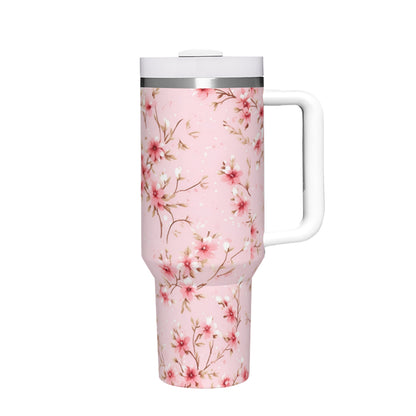 Pink Floral Shabby Chic 40oz Tumbler with Handle | Stainless Steel Insulated Cup | BPA-Free