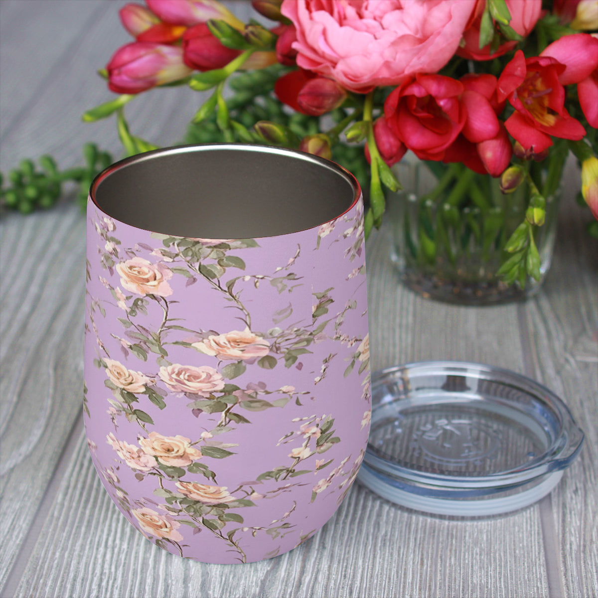 12oz Purple Floral Stainless Steel Stemless Wine Tumbler with Lid