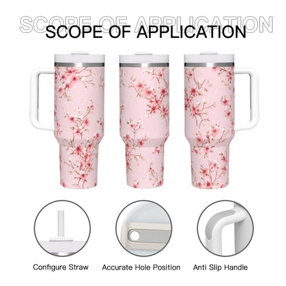 Pink Floral Shabby Chic 40oz Tumbler with Handle | Stainless Steel Insulated Cup | BPA-Free